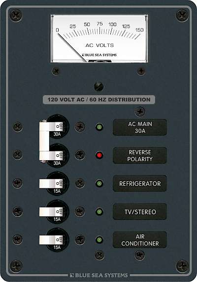 BLUE SEA 8043 Traditional Metal Panel - AC Main + 3 Positions, AC Voltmeter